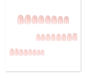 Flat lay of 24pcs glossy almond-shaped press-on nails in minimalist nude pink gradient