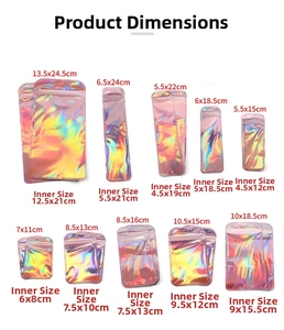 Size chart showing inner and outer dimensions for laser rainbow jewelry packaging bags
