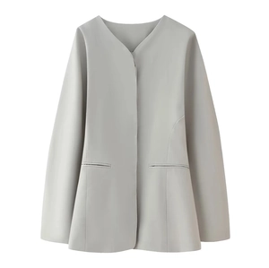 Minimalist light grey collarless blazer for women with decorative side pockets