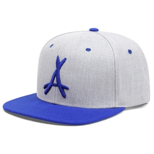 Contrast snapback baseball cap in grey and royal blue with 3D letter A embroidery