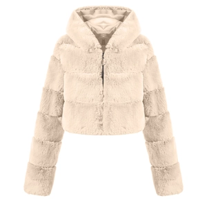 Detail of short faux fur coat in beige showing soft plush texture and zip closure