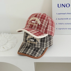 Vintage plaid baseball cap for kids with purpose embroidery and woolen check texture