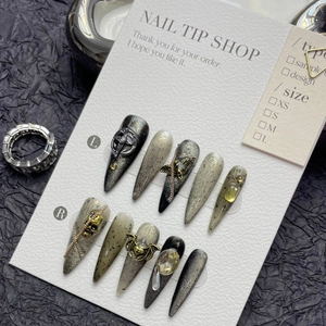 Handmade Press On Nails 3D Gothic Punk Cat Eye Long Stiletto Short Square False Nails With Rhinestones Metal Charms For Women