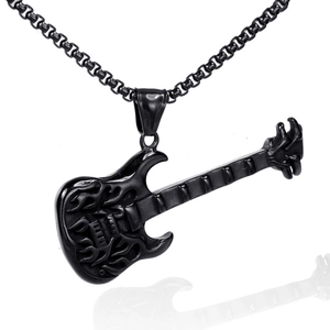 Men's black guitar pendant necklace with flame engraving in polished stainless steel