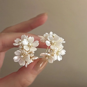 French vintage pearl flower stud earrings with gold accents and crystal center petals