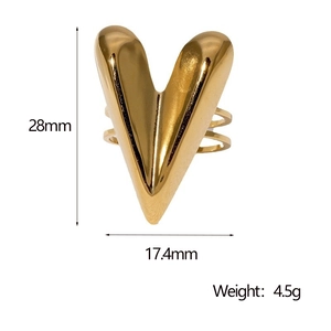 Detailed view of gold minimalist V-shaped open ring showing 28mm height and 4.5g weight