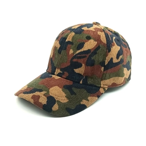 Detailed view of the camouflage corduroy texture on this outdoor baseball cap design
