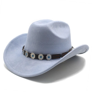 Detail of light blue faux suede fedora with brown leather band and silver metal accents