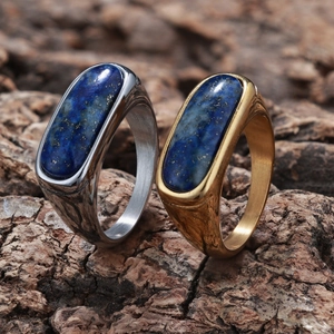 Macro detail of retro lapis lazuli rings in gold and silver finish on natural tree bark