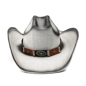 Detail of woven cowboy hat with bull head metal buckle and brown leather strap