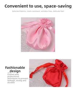 Detail of satin drawstring storage bags in pink and red with smooth silk texture