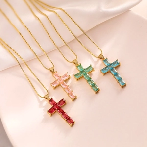 Cross Pendant Necklace Copper Micro Pave Colorful Cubic Zirconia Fashion Jewelry For Women
