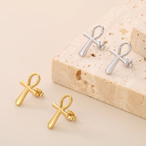 Minimalist 18K gold and silver plated stainless steel Ankh cross stud earrings set