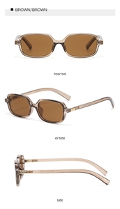 Detailansicht einer modischen braunen Quadratsonnenbrille mit klaren Mehrwinkelaufnahmen.
