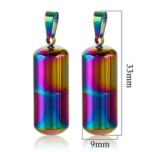 Rainbow stainless steel capsule pendant showing dimensions of 33mm height and 9mm width