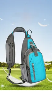 Waterproof blue sling bag with multiple zipper compartments and breathable mesh side pocket