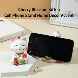 Cute cherry blossom lucky cat resin phone holder for home and office desktop decor