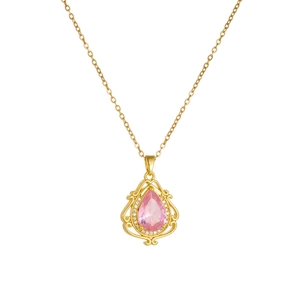 Vintage water drop necklace with pink pear-cut gem and diamond halo in gold frame
