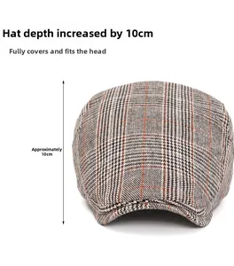 Detail showing 10cm depth of grey plaid flat cap for better fit and comfort