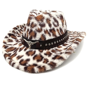 Detail of leopard print faux fur cowboy hat with silver bull head charm and studded belt