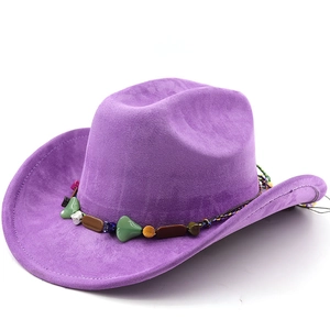 Close-up of purple suede jazz fedora featuring colorful ethnic bead trim and wide brim
