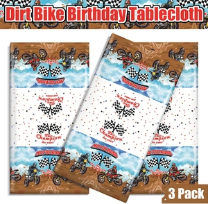 Detail of 3-pack dirt bike birthday tablecloths featuring motocross racing graphics