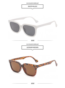 Detailansicht von Retro-Viereck-Sonnenbrillen in Weiß-Schwarz und Leopard-Braun-Optik