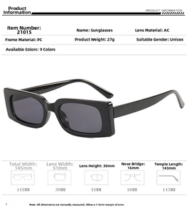 Detailed specifications of square sunglasses with AC lenses and durable PC frames