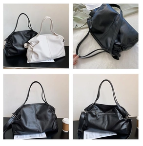 Collage of black and white soft PU leather tote bags with zipper pockets and thin straps
