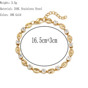 Detail of 18K gold-plated stainless steel coffee bean chain with zircon stones and lobster clasp