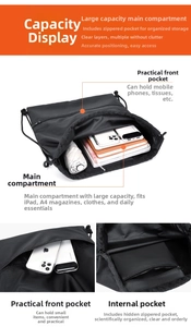 Detail view of Oxford cloth drawstring backpack showing inner storage and zipper pocket