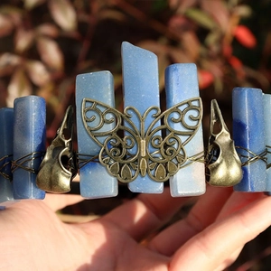 Blue crystal crown with bronze butterfly and bird skulls, handcrafted viking style hairband