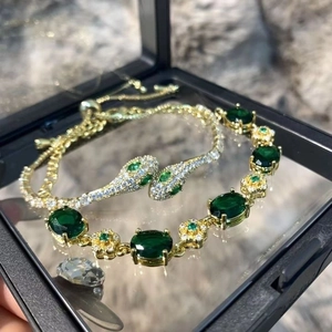Snake Bracelet Gold Plated Copper Cubic Zirconia Green Gemstone Adjustable Slide Clasp Vintage Luxury Jewelry For Women