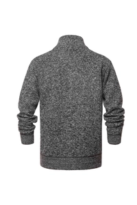 Rear view of grey mixed knit cardigan for men featuring stand collar and ribbed hem details