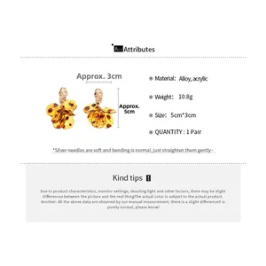 Detailed spec sheet for acrylic petal tassel earrings showing 5cm size and 10.8g weight