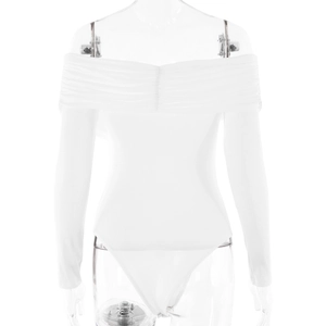 Detail showing the white off-shoulder V-neck bodysuit with pleated chest design