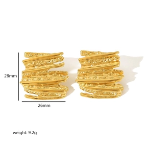 Textured rectangular 18k gold plated stainless steel earrings with size and weight info