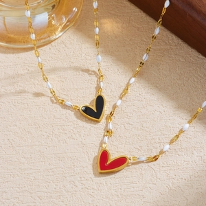Heart Pendant Necklace Stainless Steel Gold Plated Enamel Drip Oil Lips Chain White Beads Retro French Chic For Women