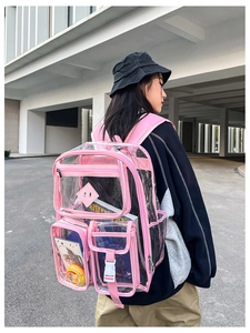 Dettaglio dello zaino in PVC trasparente con bordo rosa e tasche multiple