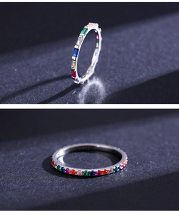Macro view of S925 sterling silver rings with colorful zircon stones and hallmark