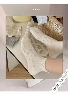 Close-up of off-white mesh socks featuring bow details and scalloped lace edges