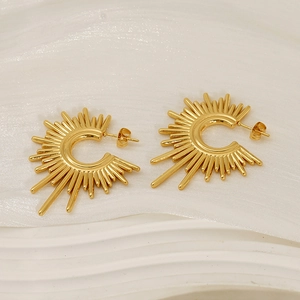 Chic 18K gold plated sunflower earrings with a retro metallic sunburst design for women