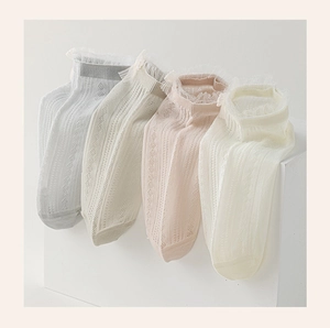 Detailed view of breathable mesh socks with lace trim in pastel grey beige and pink