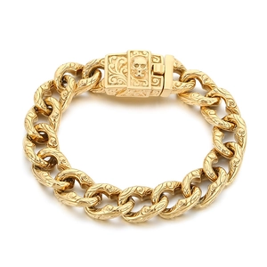 Retro golden Cuban chain bracelet for men with skull buckle and floral engraving