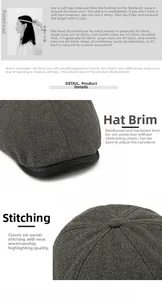 Detail view of dark grey herringbone wool flat cap with reinforced brim and size guide