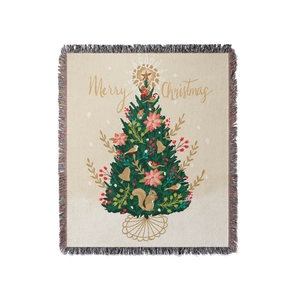 Bohemian Christmas knit throw blanket with fringe, festive trees and Merry Christmas text