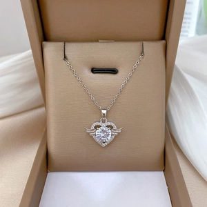Titanium steel Angel Heart necklace with crystal pendant in luxury brown jewelry box
