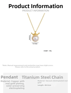 Detail of crown pearl pendant with dimensions on a stainless steel gold-plated chain