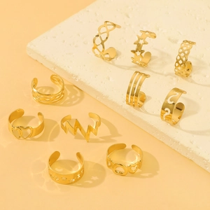 Detail of 10-piece gold stainless steel toe ring set with adjustable open band designs