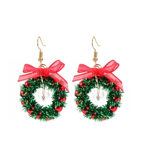 Christmas wreath earrings with red bow and crystal pendant on gold hooks